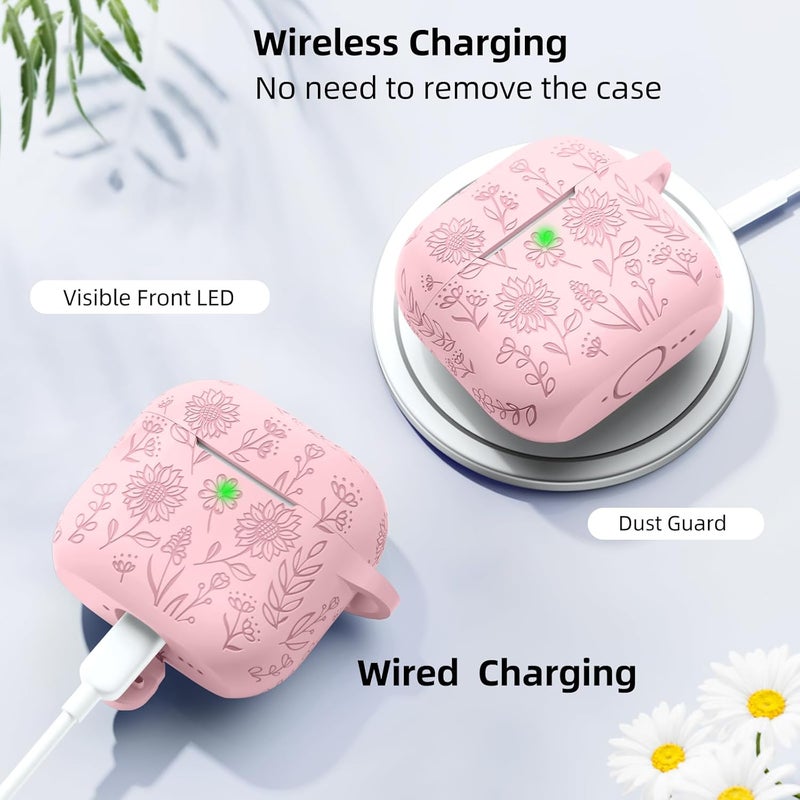 DAQIN for Airpods 4 Case, Cute Flower Engraved Silicone Protective Cover with Cleaner Kit & Keychain Compatible with Apple Airpods 4 Case 2024 for Women, Lightpink - Image 5